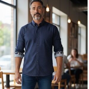 DENIM & FLOWER RICKY SINGH Mens Navy Polka Dot Floral Cuff Cotton Dress Shirt M‎